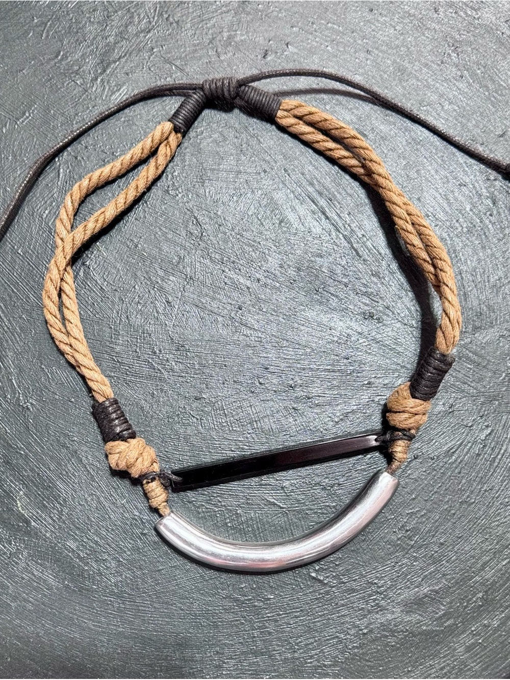 NWT Boutique Twisted Rope & Leather Necklace with Silver and Black Bars